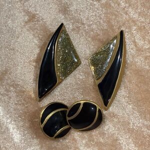 Vintage 80s Black & Gold Statement Earrings Set – Retro Glam ✨